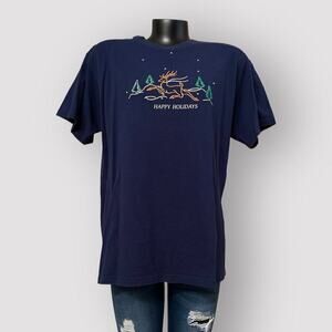 VTG Christmas Tee Reindeer Trees Mens L Comfy Holiday Short Sleeved T-Shirt Blue